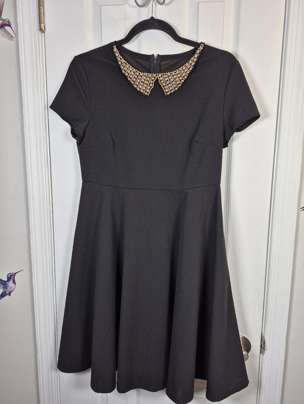 Boutique Pearl Jeweled Collar Black Dress Scuba Crepe A-Line Fit Flare Size XL